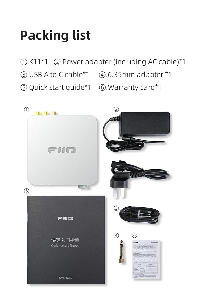 FiiO K11 DAC and Headphone Amplifier for Home Audio/PC, 6.35mm and Balanced 4.4mm, RCA, Coaxial, Optical, 1400mW, DSD256