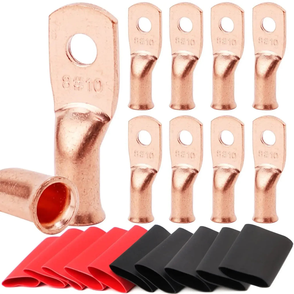 10pcs Copper Terminal Connectors, AWG 2 4 6 8 1/0 2/0 Ring Lug With Shrink Tubing 10Battery Cable Lugs, With 10 Shrink Tubing