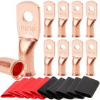 10pcs Copper Terminal Connectors, AWG 2 4 6 8 1/0 2/0 Ring Lug With Shrink Tubing 10Battery Cable Lugs, With 10 Shrink Tubing