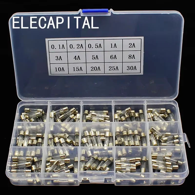 150pcs 5*20mm Fast-blow Glass Tube Fuses Car Glass Tube Fuses Assorted Kit with Box Fusiveis 15Kinds 0.1A-30A Household Fuses