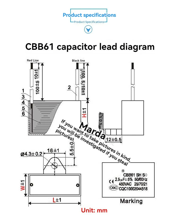 CBB61 Motor Start Capacitor 450V AC Fan Condenser1/1.2/1.5/1.8/2/2.5/3/4/5/6/8/10UF
