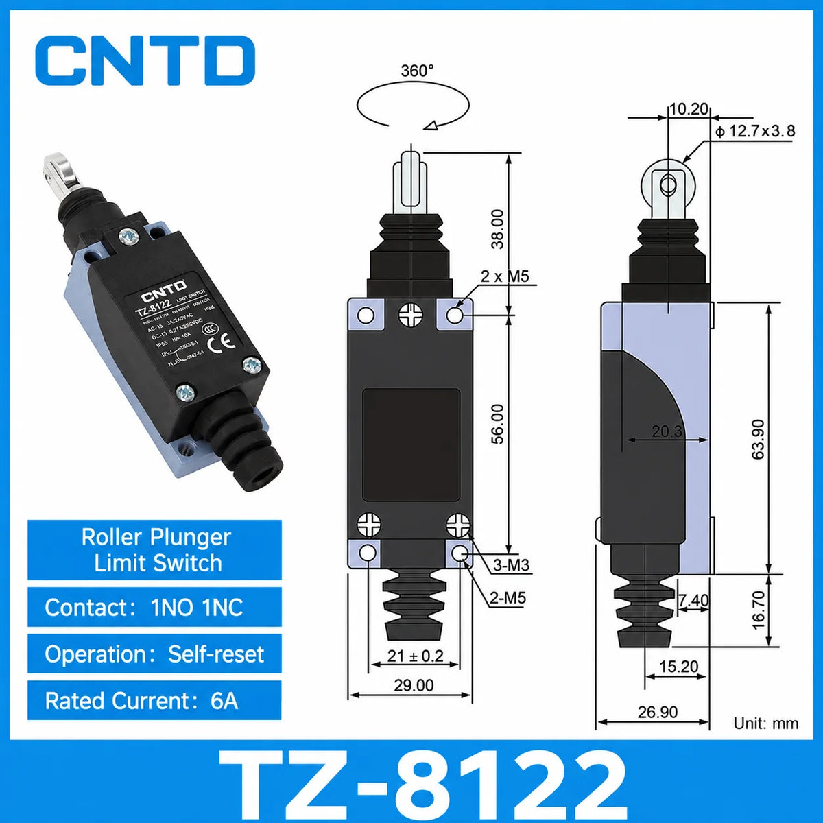 2Pcs CNTD TZ‑8 Series Micro Limit Travel Switch IP65 Waterproof 1NO+1NC 10A 250VAC Industrial Mechanical Position Switch