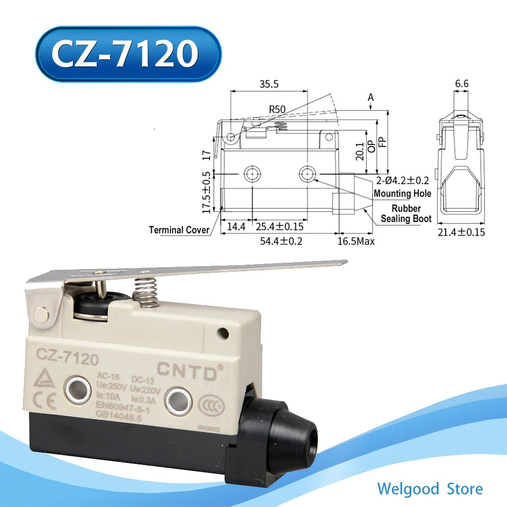 CNTD CZ‑7120 Limit Micro Switch TZ AZ‑7120 Equivalent High Roller Short Lever 10A 250V 1NO 1NC IP64 Snap Action 100% GENUINE