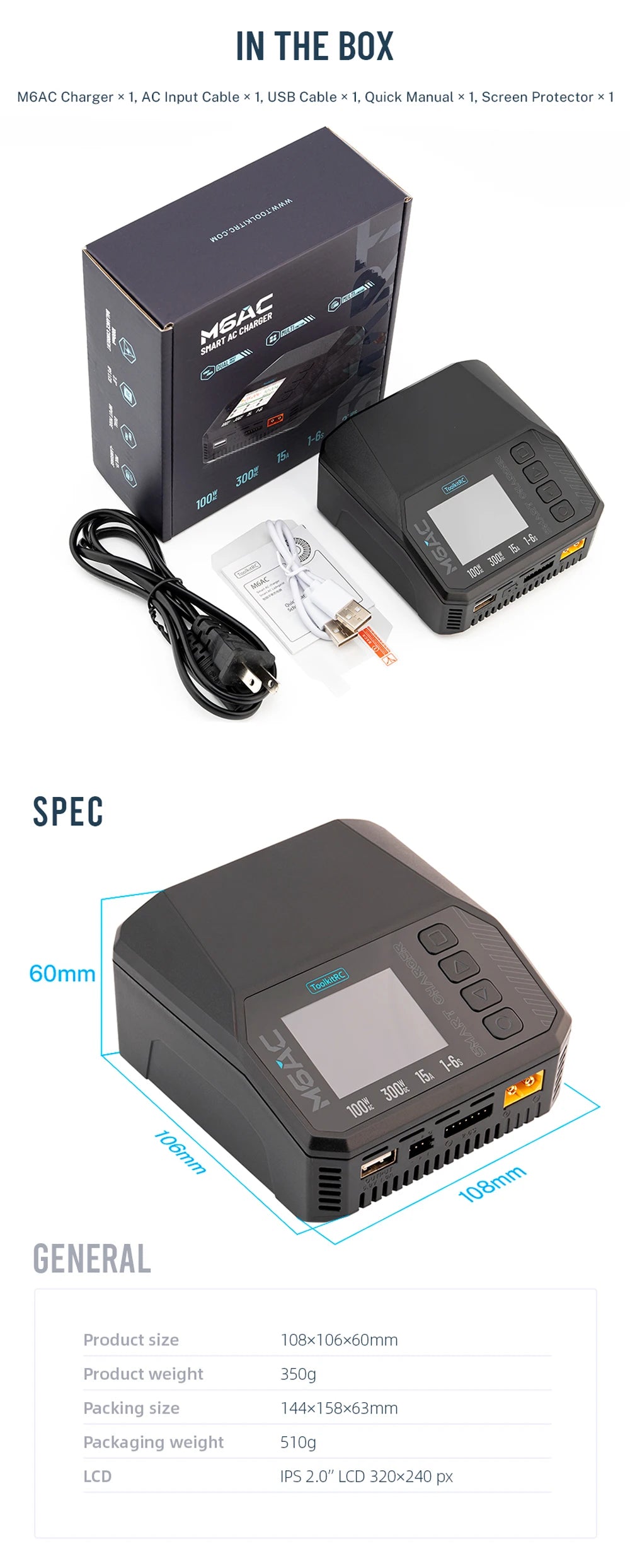 ToolkitRC M6AC Smart Lipo Battery Charger Discharger AC 120W DC300W MAX30A for 1-6S Battery FPV Model Spare Part LiHV LIFE LILON