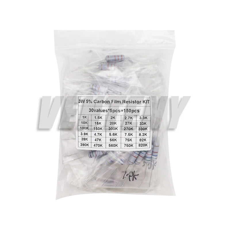 150PCS/300PCS 1W 2W 3W 5W 30Values Carbon Film Resistor Assortment Kit 5% Resistance Set 0.1R-750R 1K-820K ohms DIY Pack