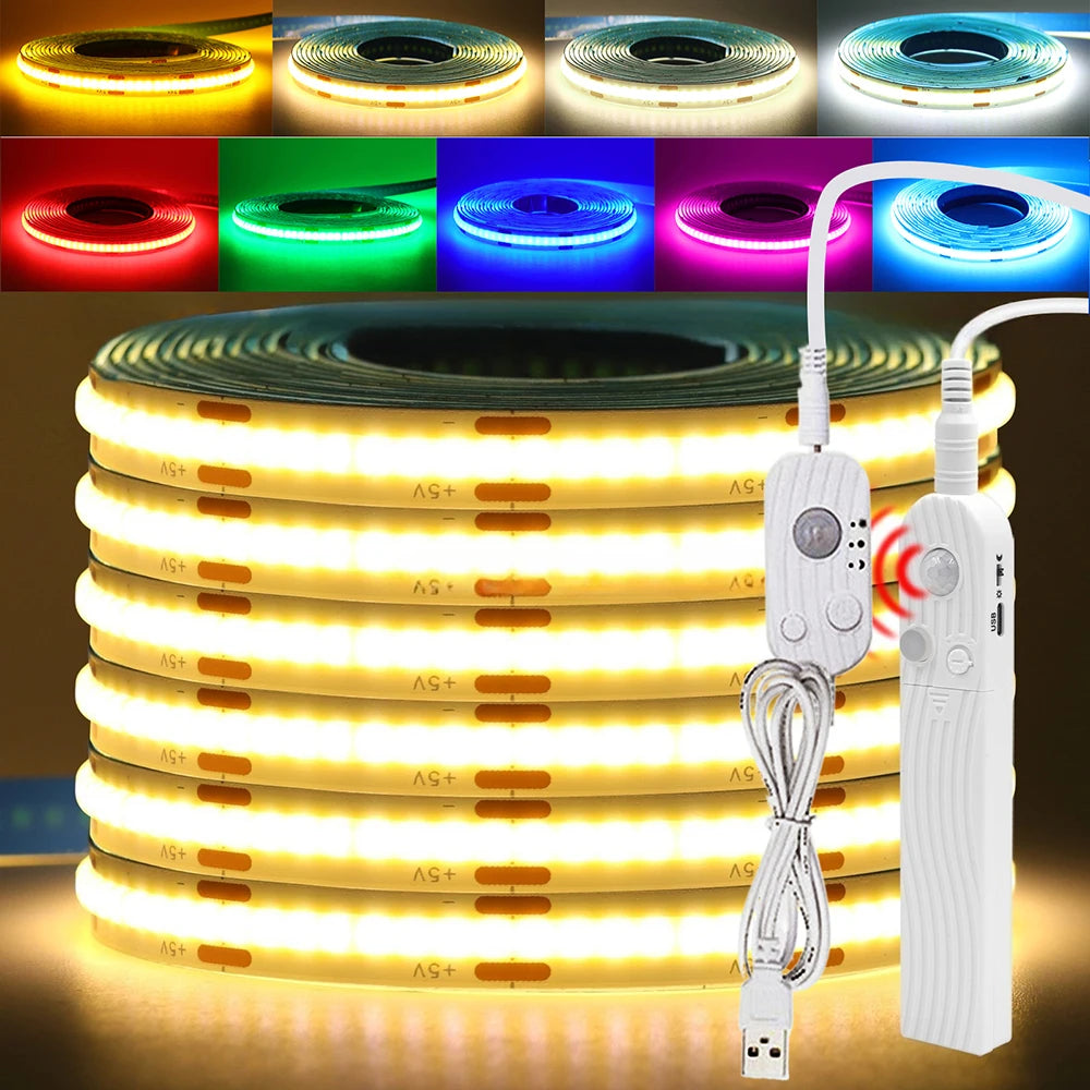 5V Motion Sensor Nigth Light COB Led Strip USB Battery Power 3mm 5mm 8mm PCB 320 LEDs Flex Lamp for Under Cabinet Kitchen Stairs