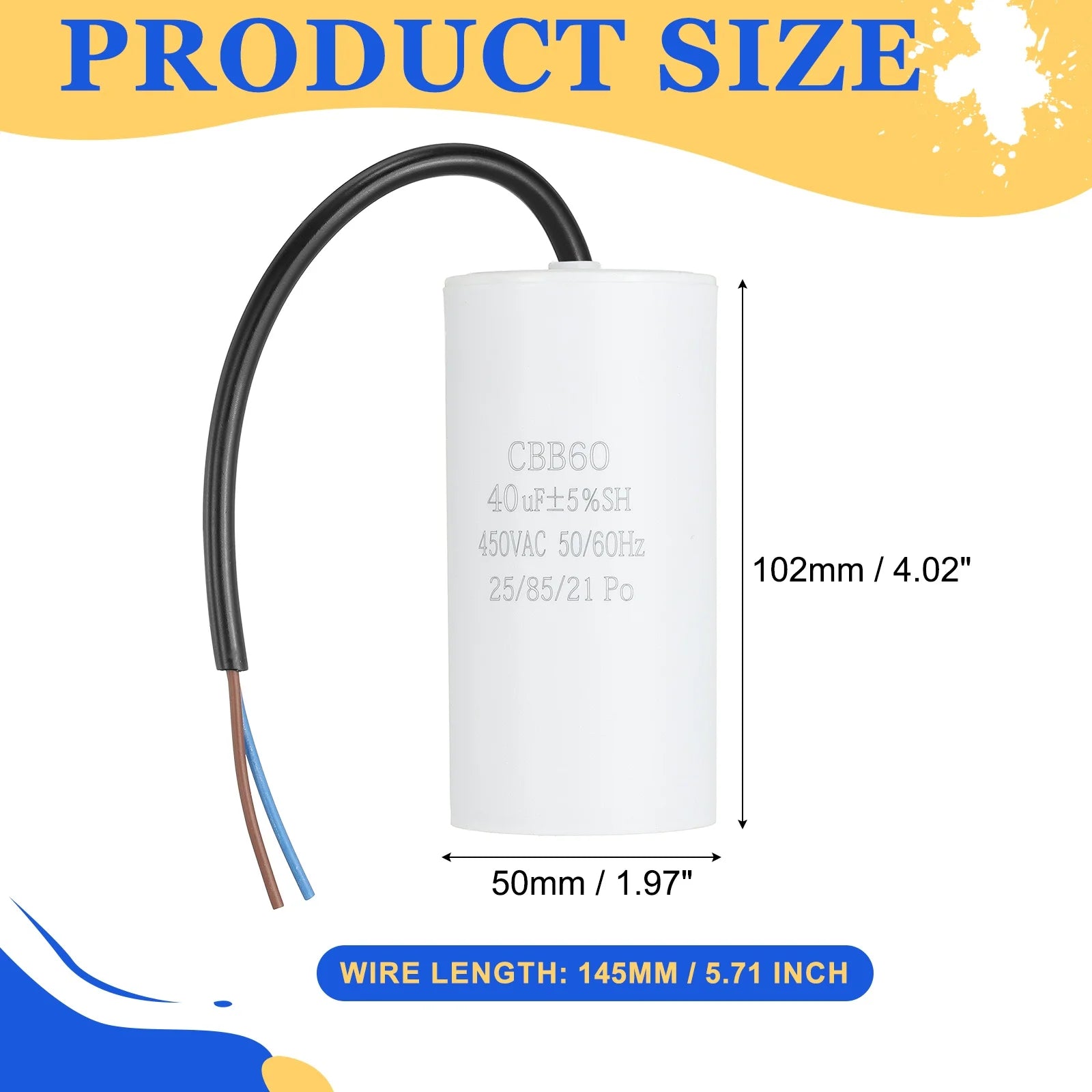 1Pcs CBB60 Run Capacitor 3uf-100uf 450V AC 2 Wires 50/60Hz Cylinder White for Air Compressor Water Pump Motor