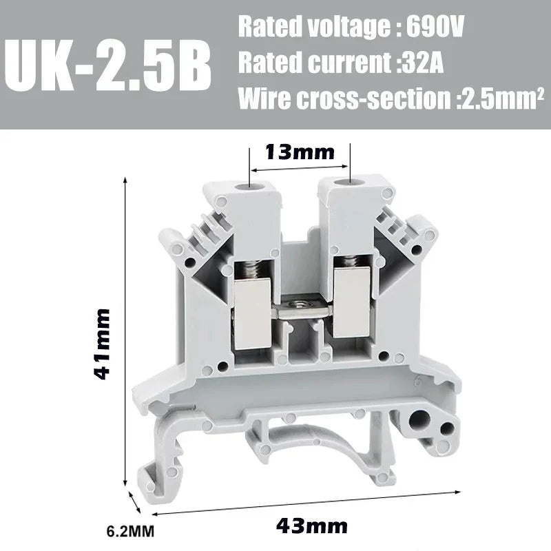 20/50/100Pcs UK - 2.5B Din Rail Terminal Block Electrical Conductor Universal Screw Connection Terminal Strip 2.5mm²