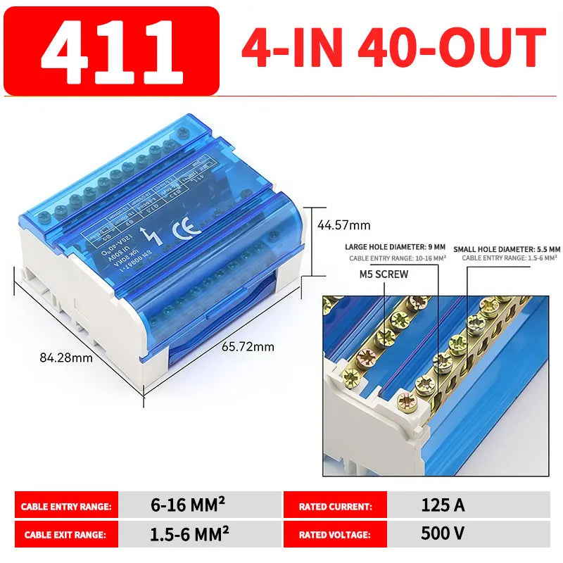 UK207 UK211 UK215 UK407 UK411 UK415 DIN Rail Terminal Block 125A Electrical Junction Box 1 In 2/4/6 Out Distribution Box