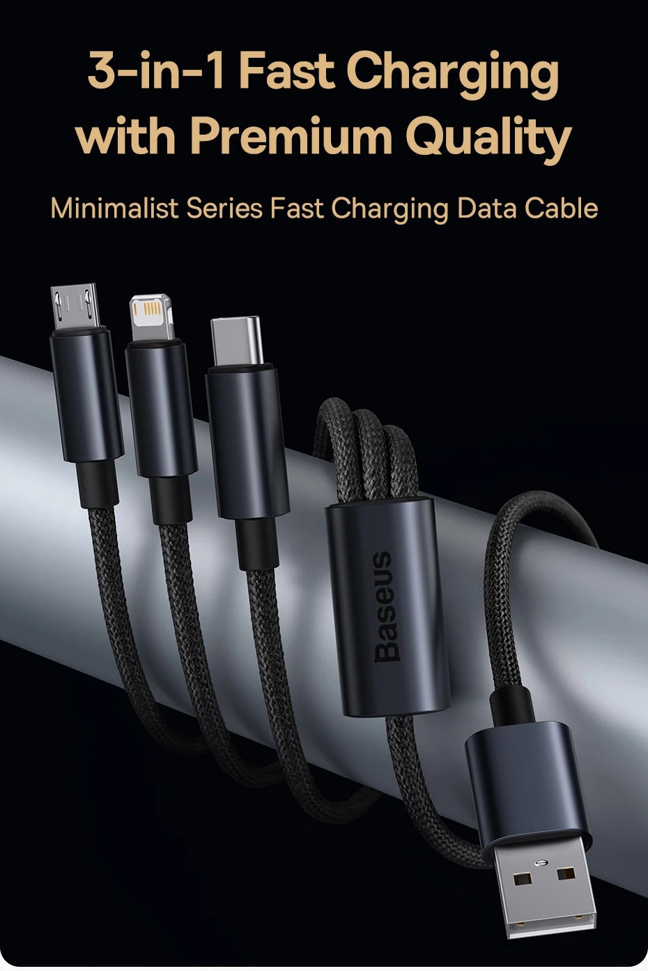 Baseus 3 in 1 USB Cable Type C Cable For Samsung Xiaomi Mi 9 Huawei Cable For iPhone 13 12 11 Phone Charger Micro USB Data Cable