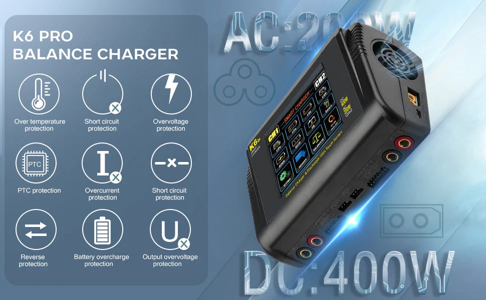 HTRC K6 Pro Lipo Charger Touch DC 400W AC 200W 12Ax2 RC Charger Discharger For LiPo LiHV LiFe Lilon NiCd NiMh Pb Battery Balance
