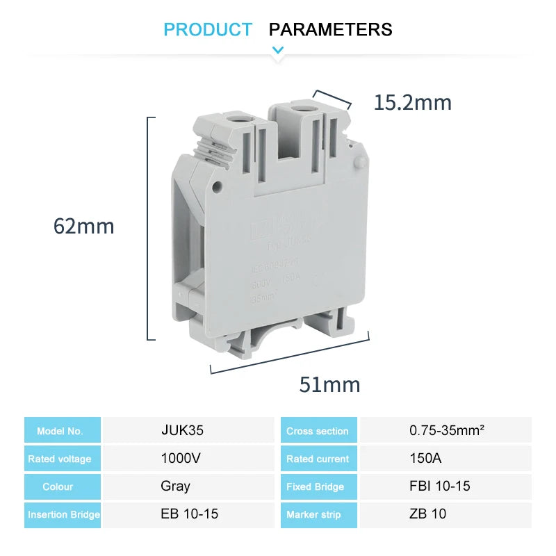 5Pcs UK35 Din Rail Terminal Block Screw 35mm² Wire Electrical Connector, Universal Feed-Through Strip Plug Connection UK 35