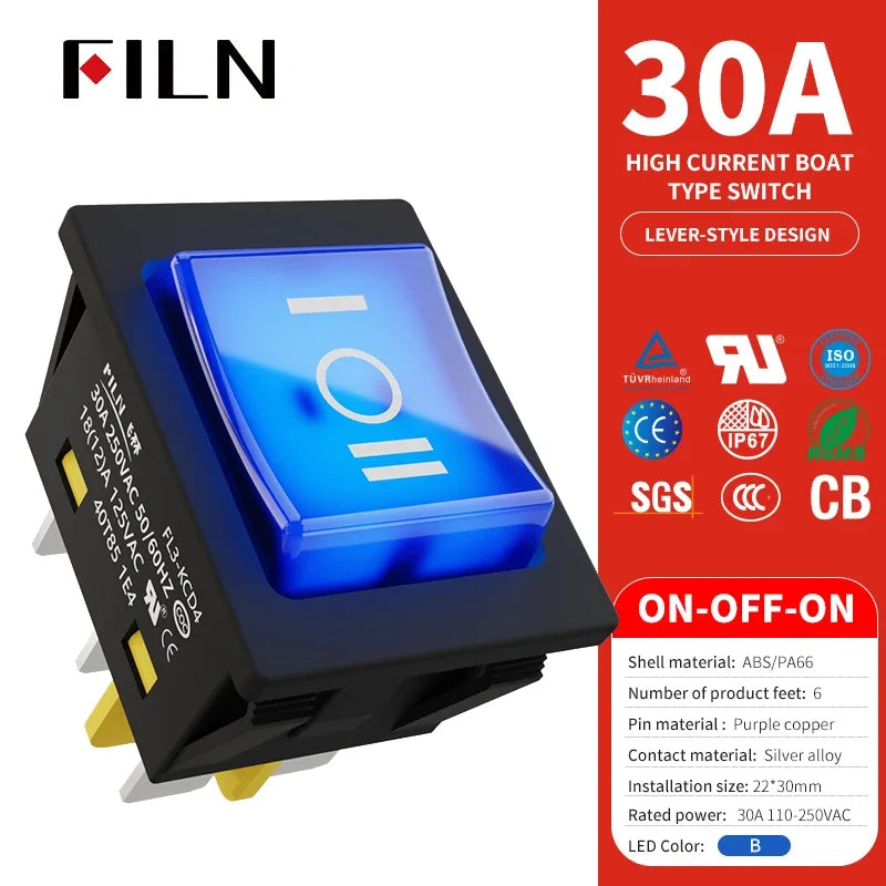 30A/250V Heavy Duty 4 Pin DPST IP67 Sealed Waterproof T85 Auto Boat Marine Toggle Rocker Switch with LED 12V 220V 30x22