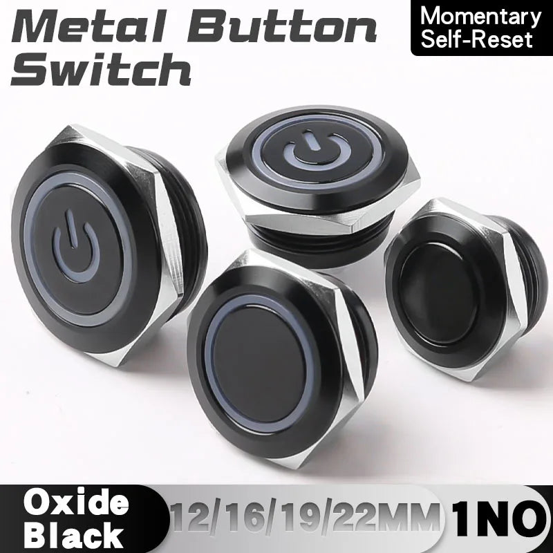 12/16/19/22mm Short Stroke Oxide Blcak Shell Metal Button Switch Waterproof Flat Head With Power LED Light Momentary 1NO 6V 24V