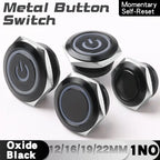 12/16/19/22mm Short Stroke Oxide Blcak Shell Metal Button Switch Waterproof Flat Head With Power LED Light Momentary 1NO 6V 24V