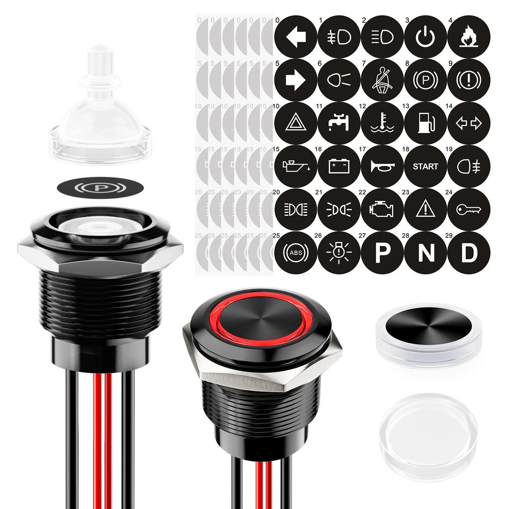 FILN 2Pcs 22mm Symbol Push Button Switch 20A IP67 Waterproof Latching Momentary Marine Switches 185 Replacement Symbols 5V-24V