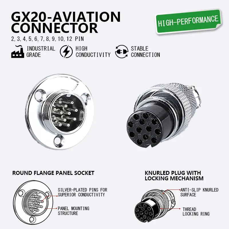 GX20 Flange Butting Type Aviation Plug &Socket 2/3/4/5/6/7/8/9/10/12 Pin Male&Femal Connectors Coppe