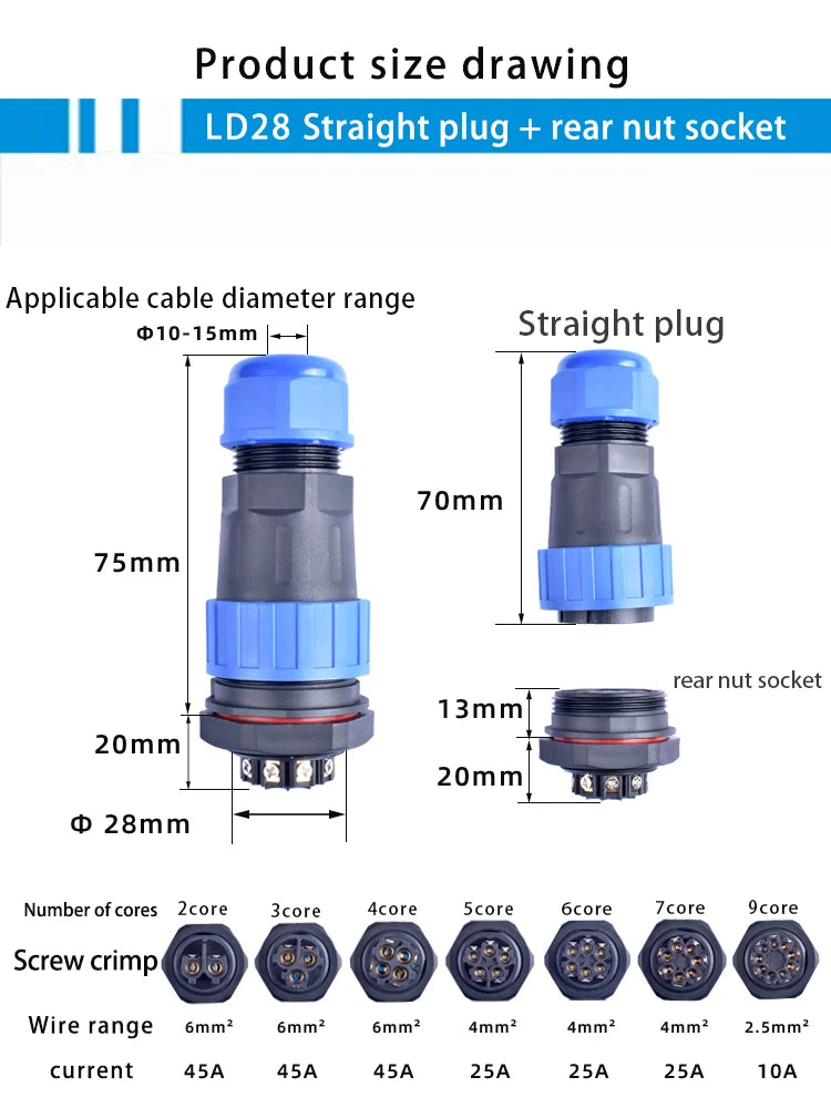 IP68 Waterproof Male Female Electrical Connector LD Series2/3/4/5/6/7/9-Pin Panel-Mount Screw Wire Cable Aviation Plug Connector
