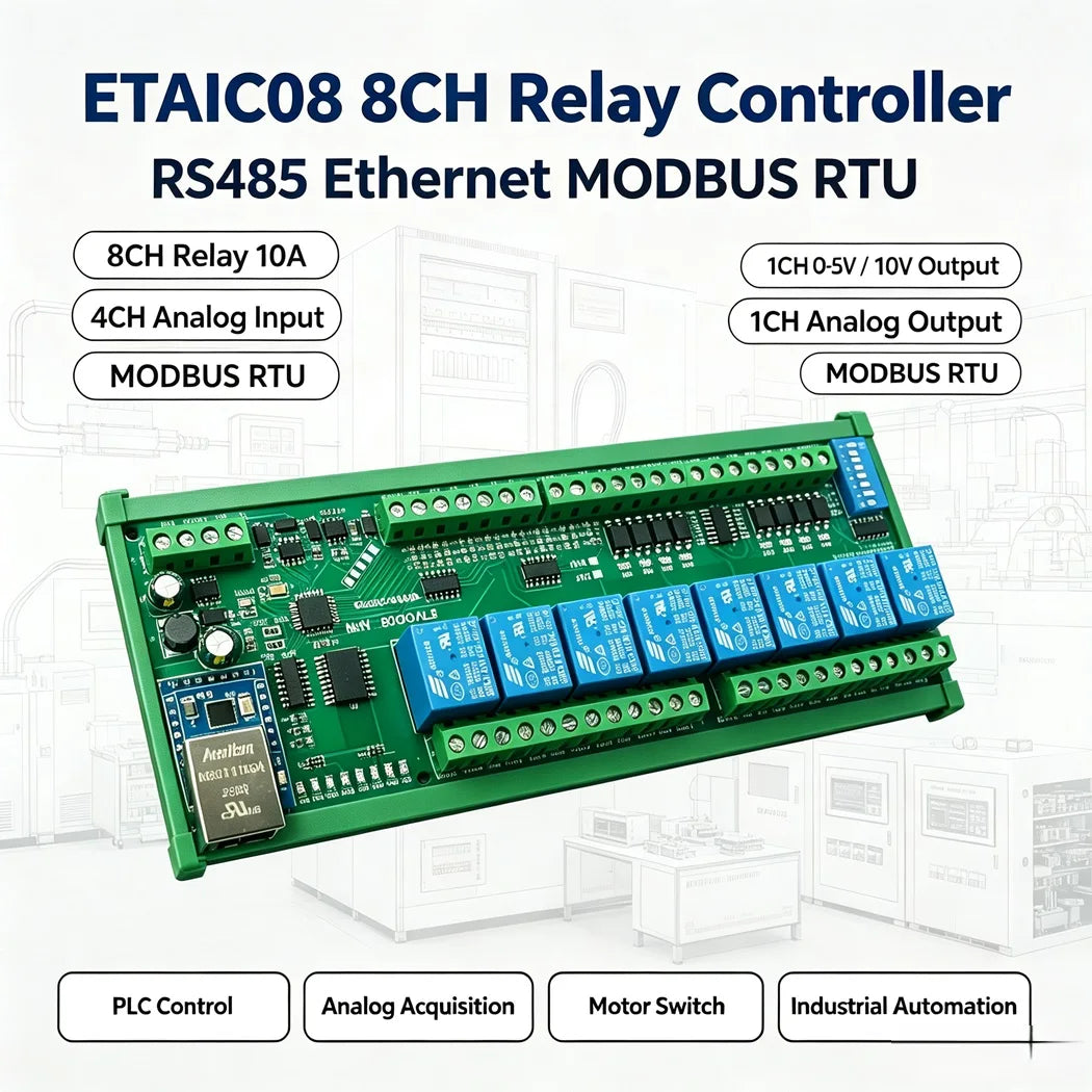 8DI 8DO Analog IO Module Modbus RTU RS485 Ethernet 4-20mA 0-10V 10A Relay DIN Rail PLC Expansion DC12V/24V Opto Isolated