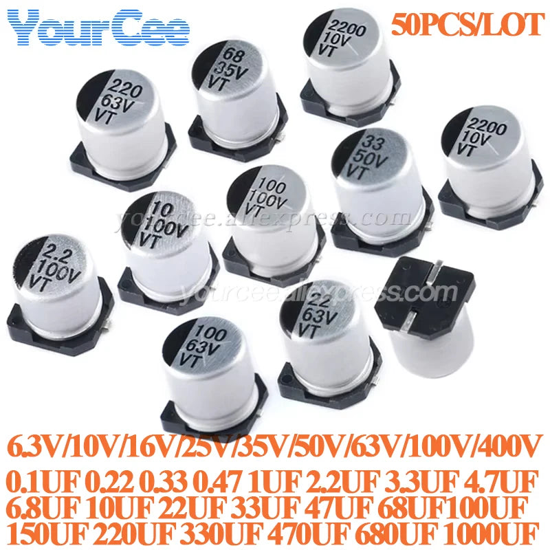 50pcs/10pcs SMD Electrolytic Capacitor Aluminum 6.3V 10V 16V 25V 35V 50V 63V 100V 400V 1UF 4.7UF 10UF 47UF 100UF 470 680 1000UF