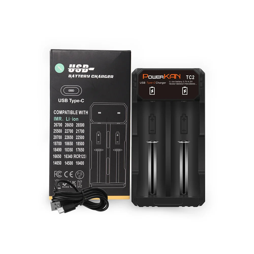 POWERKAN Battery Charger, Type-C USB Input, for 3.7V Li-ion Batteries Compatible with 2665016340 14500 21700 18650 Charging