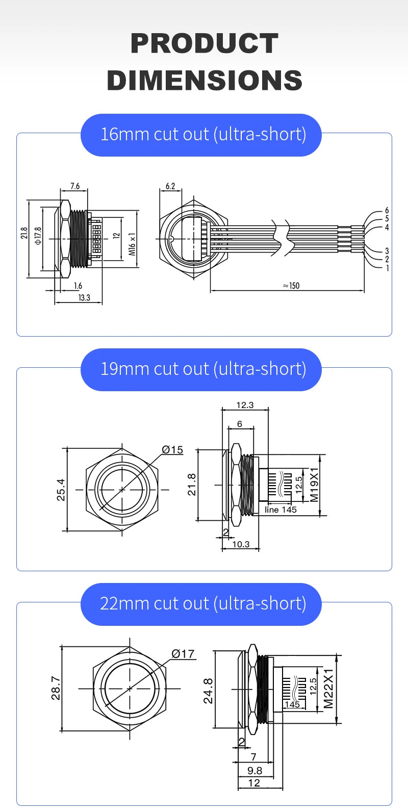 Custom Wiring Ultra Short LED Light Switch 12V 220V Momentary Waterproof IP65 Metal Push Button 19/22/25/30mm without Fixation