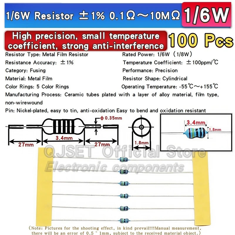 100pcs 1/6W Metal Film Resistors 1/8W 1% 0.125W 10 100 200 220 330 470 Ohm 4.7K 1K 2.2K 10K 47K 200k 220k 510k 100k 470K 1M Ohms