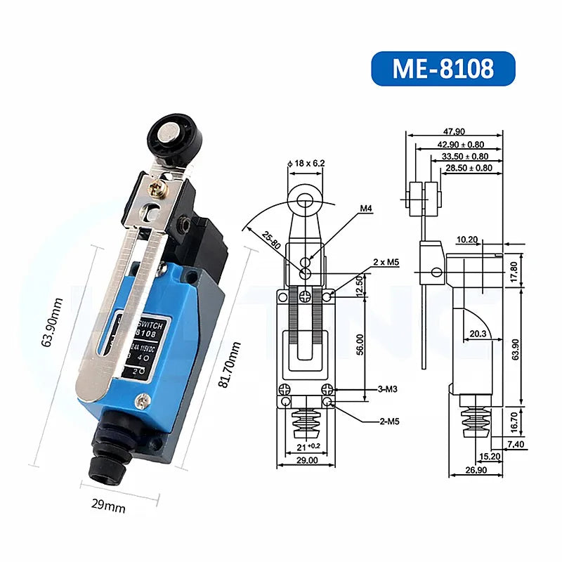 HLTNC 10PCS ME8108 250V 5A Momentary Roller Arm Type AC Mini Micro Limit Switch With 1NO 1NC For CNC Milling Laser Plasma Router