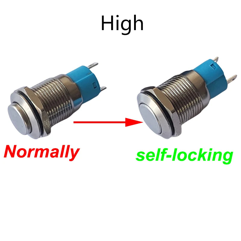 1PC 12mm 2Pin Metal Button Switch Fixed Latching No Light Waterproof Metal Push Button Self-locking Car Dashboard High Flat Head
