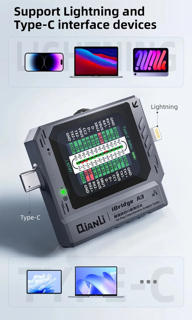 QianLi IBridge A3 Lightning Type-C Tail Plug Comprehensive Analysis Tester for iPhone Phone Charging Port Fault Detection Repair