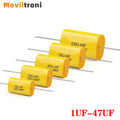 5PCS Film Capacitor Audio 250V DC Round Axial Lead Type Polypropylene Capacitors Yellow Frequency Dividing 1UF 1.5UF 1.8UF 2.2UF