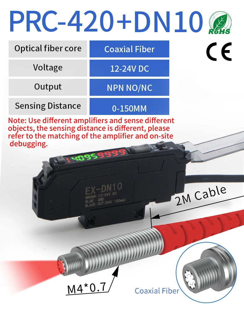 GTRIC Diffuse Reflective Fiber Optic Sensor Kit with Separate Amplifier High Precision12-24V DC NPN NO/NC Photoelectric Sensor