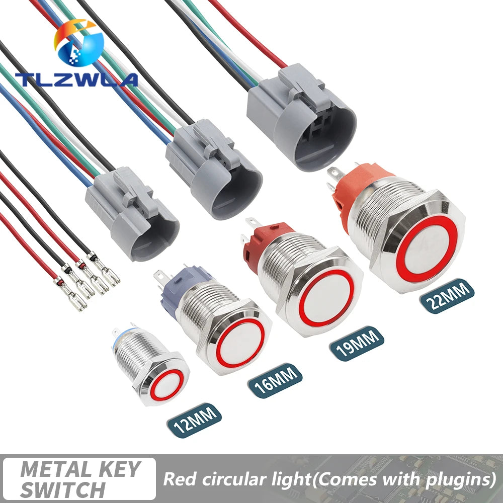 12/16/19/22mm Waterproof Metal Push Button Switch LED Light Momentary Latching Car Engine Power Switch 12V 24V Red Blue