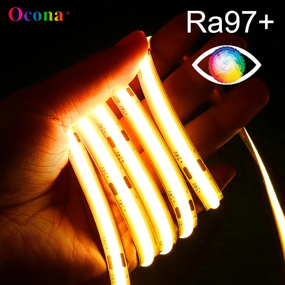 OCONA Ra97+ High CRI COB LED Strip Light 8mm Flexible 480LED/m LED Tape Lights Ribbon 24V Warm/Cool White 2700K 5000K Dimmable