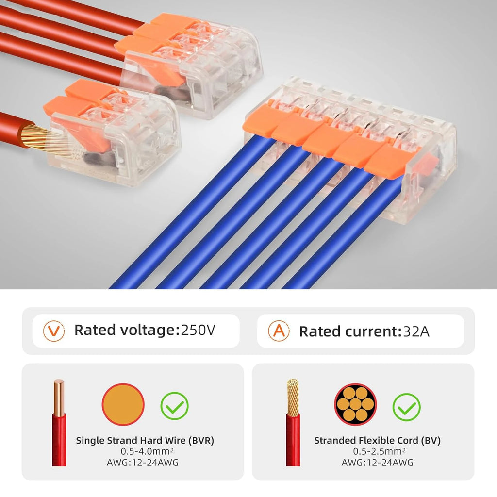 90 PCS Lever Wire Connector Kit Transparent Compact Splicing Push-in 2/3/5 Conductor Electrical Connectors for Easy Wiring