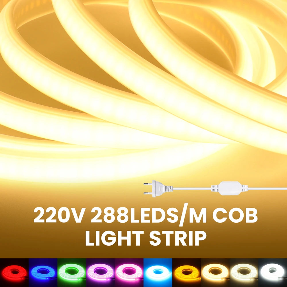 220V Led COB Neon Strip Light Dimmer Switch Power Plug Kit White Blue Pink Red Purple Yellow 5m 20m 30m 0.5m 288LED/m Flex Decor
