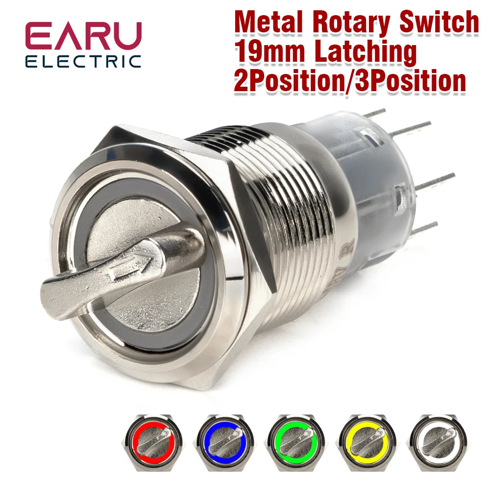 19mm 2 3 Position Latching Stainless Steel Metal Selector Rotary Switch with LED Waterproof  DPDT Illuminated Self-locking