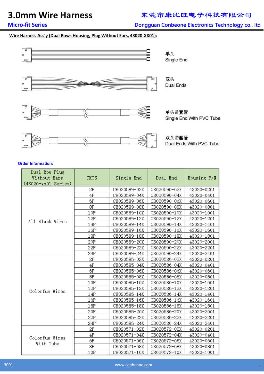 43025-0800 to 43020-0800 Extension Cable, 430250800 to 430200800 Female to Male Cable, Molex Micro Fit 3.0 Cable, 8P