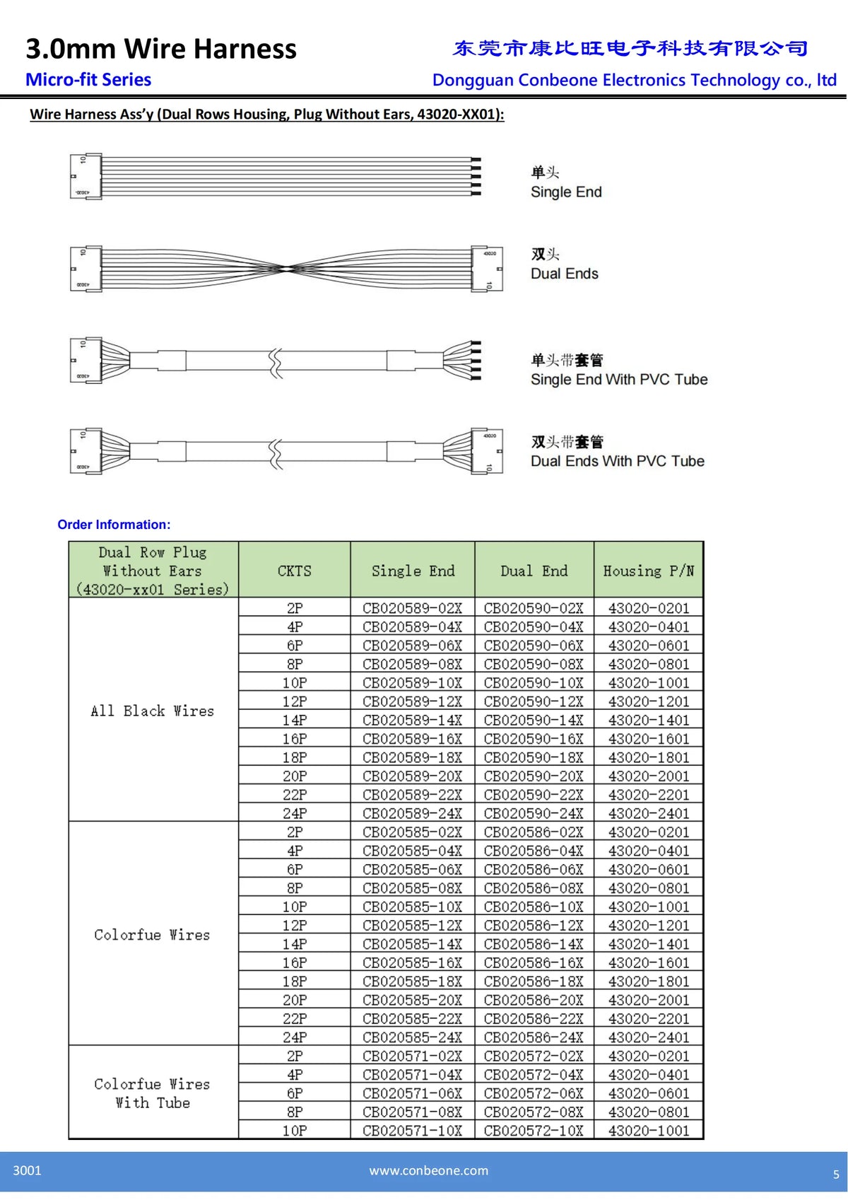 43025-0800 to 43020-0800 Extension Cable, 430250800 to 430200800 Female to Male Cable, Molex Micro Fit 3.0 Cable, 8P