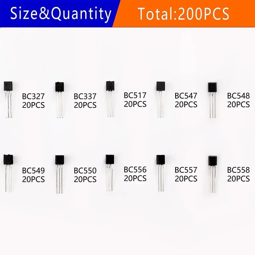200Pcs New Version Transistor Kit PNP/NPN 10 Values TO-92 Set BC327 BC337 2N2222 2N2907 2N3904 2N3906 S8050 S8550 A1015 C1815