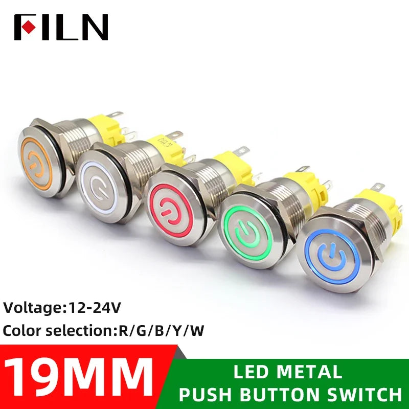FILN 16mm 19mm 22mm Stainless Steel Waterproof LED Indicator Metal Push Button  Switch Power Symbol   Start Stop Power on Off