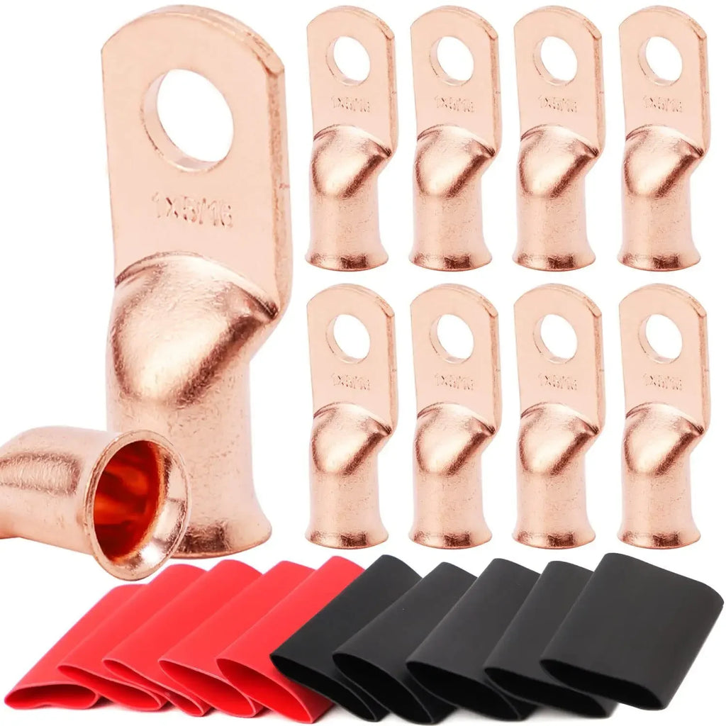 10pcs Copper Terminal Connectors, AWG 2 4 6 8 1/0 2/0 Ring Lug With Shrink Tubing 10Battery Cable Lugs, With 10 Shrink Tubing