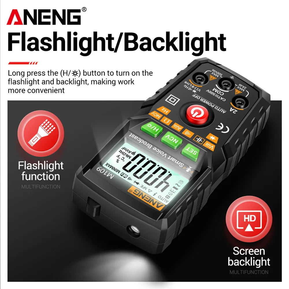 ANENG M109 Smart Multimeter Tester AC/DC Voltage Voice Broadcast Meter NCV Capacitance Continuity Professional Electrical Tools