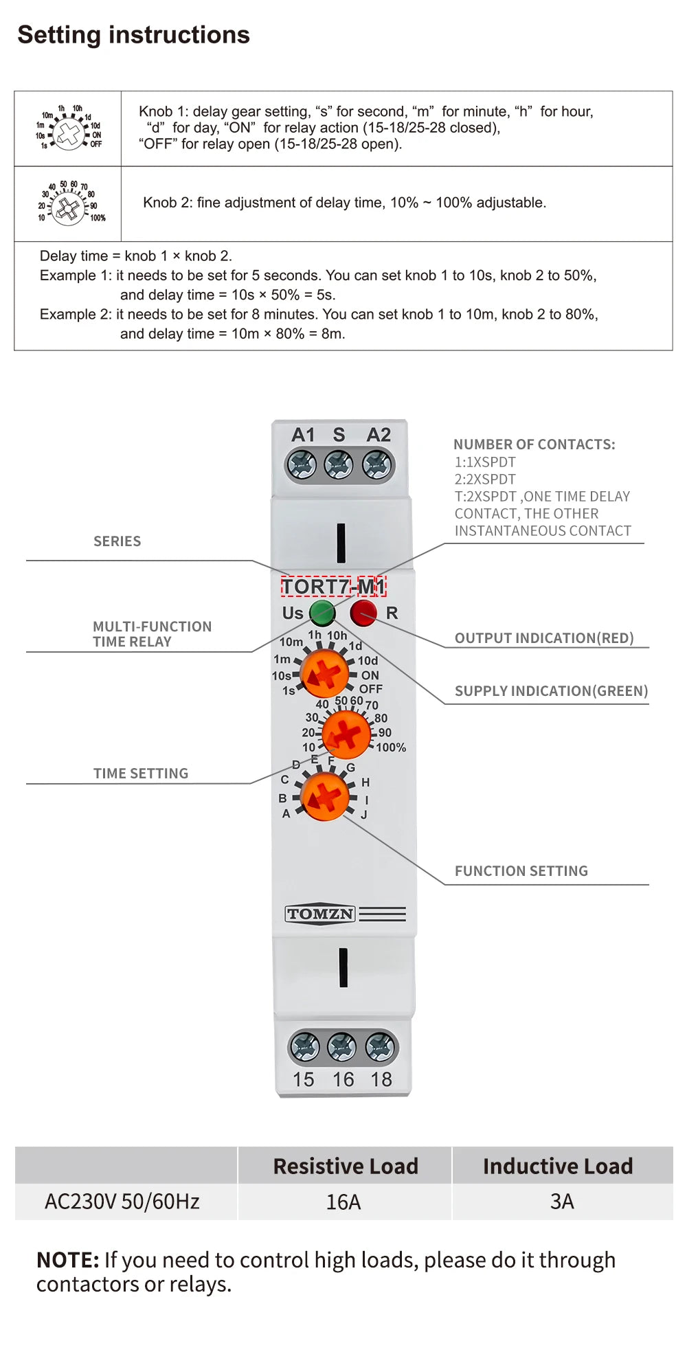 TOMZN 10IN1 Multi-function Time Relay Delay Interval Repeat Cycle Single Shot Latching Relay Pulse Generator AC230V 16A 18mm