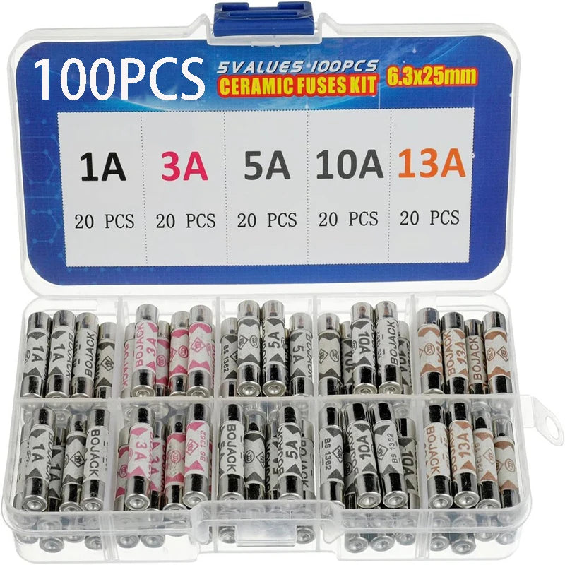 100pcs/boxed 6x25mm Ceramic Fuse 1A 3A 5A 10A 13A British Plug Fuse Insurance Fast Blow Tube Fuses Assortment Kit