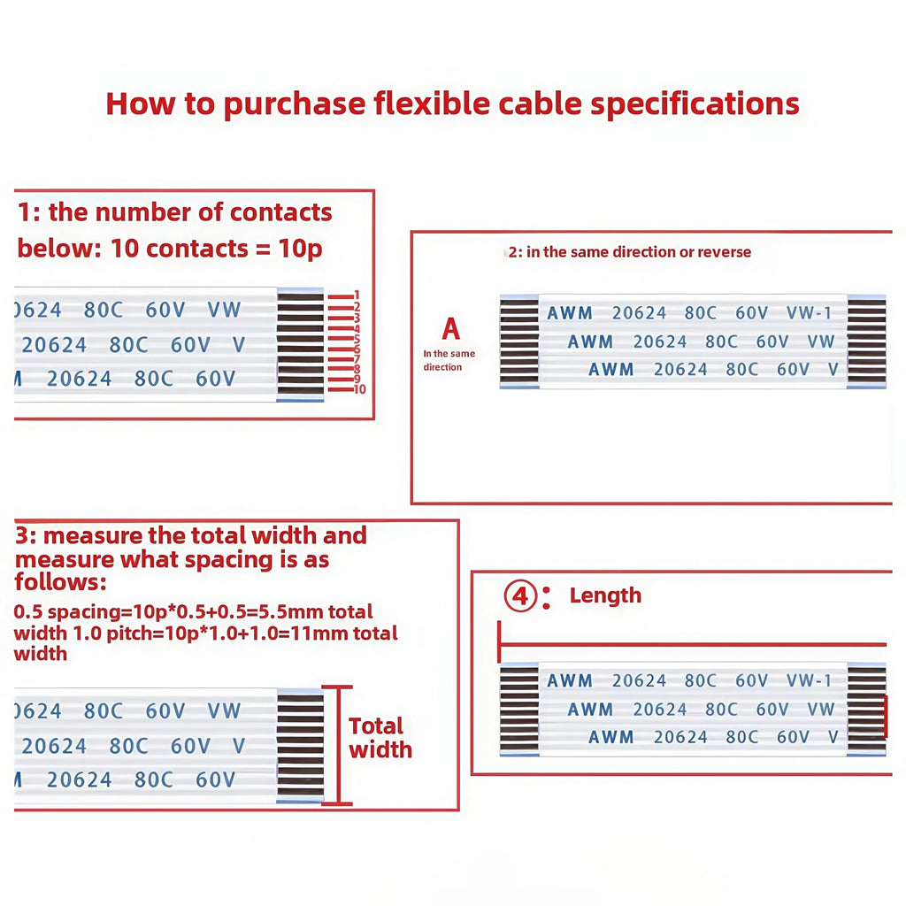 Gold-Plated FFC FPC Flat Flexible Cable AWM 20706 105C 60V VW-1 0.5MM Pitch 4P/6/8/10/12/14/16/20/26/30/40/45/50/54/60/68/80 Pin