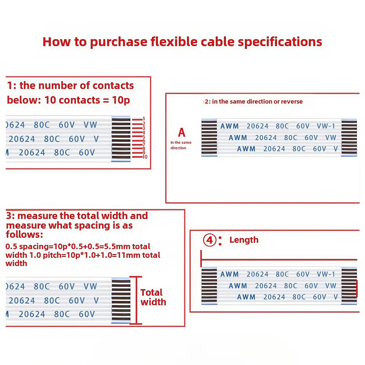 Gold-Plated FFC FPC Flat Flexible Cable AWM 20706 105C 60V VW-1 0.5MM Pitch 4P/6/8/10/12/14/16/20/26/30/40/45/50/54/60/68/80 Pin