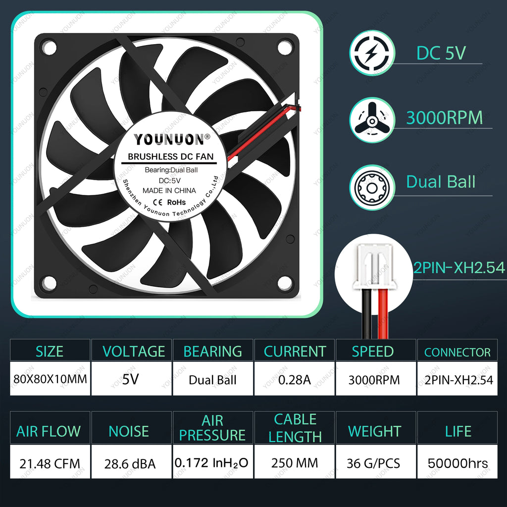 YOUNUON 80MM Fan 5V USB Fan 80x80x10mm 8cm DC 5V 12V 24V 8010 Fan Brushless Cooling Cooler PC Fan Computer Case  Fan Cooler