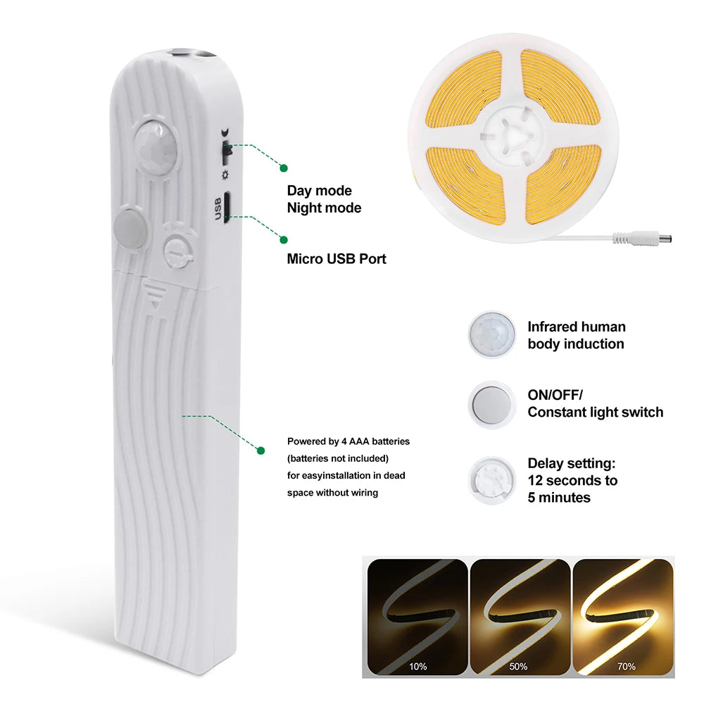 5V Motion Sensor Nigth Light COB Led Strip USB Battery Power 3mm 5mm 8mm PCB 320 LEDs Flex Lamp for Under Cabinet Kitchen Stairs