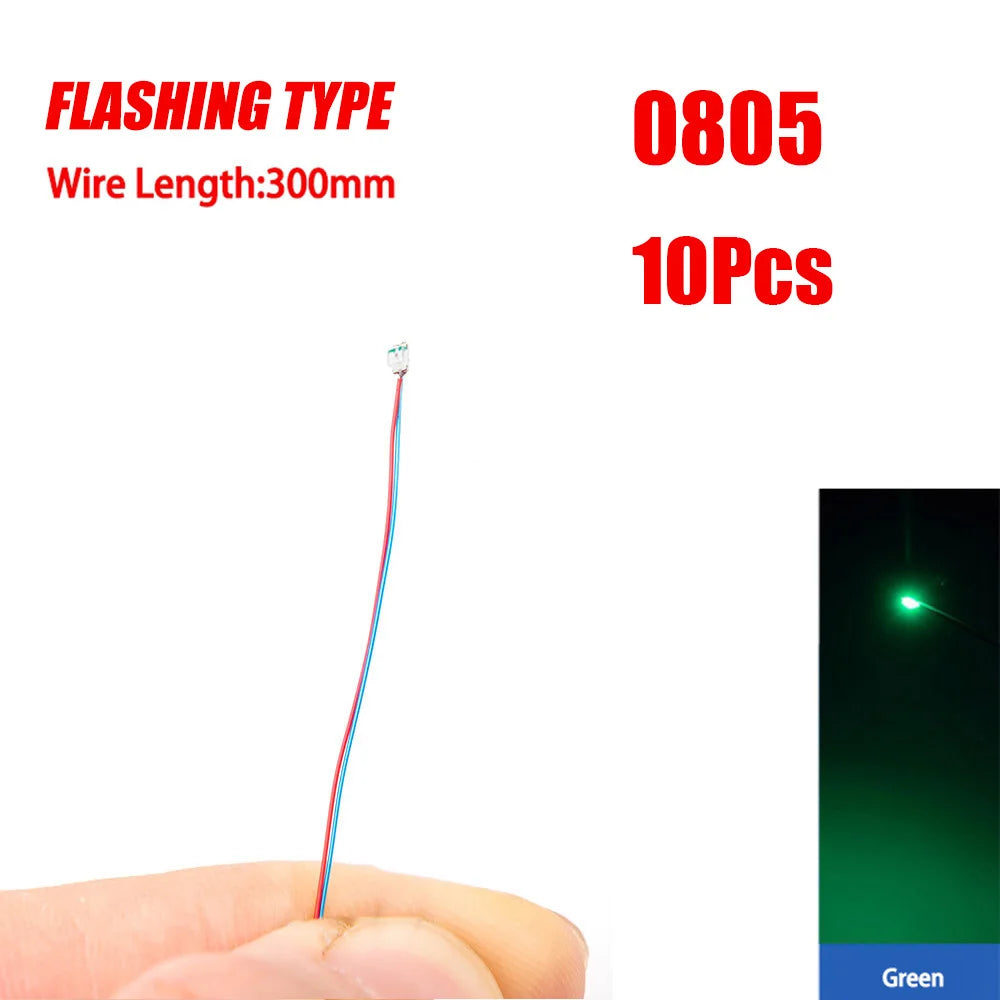 10Pcs 0805 Flashing LED SMD Wire for Model Train HO N OO Scale Red Blue Line Pre-soldered Micro Litz Railway DIY Kit 3V 30cm